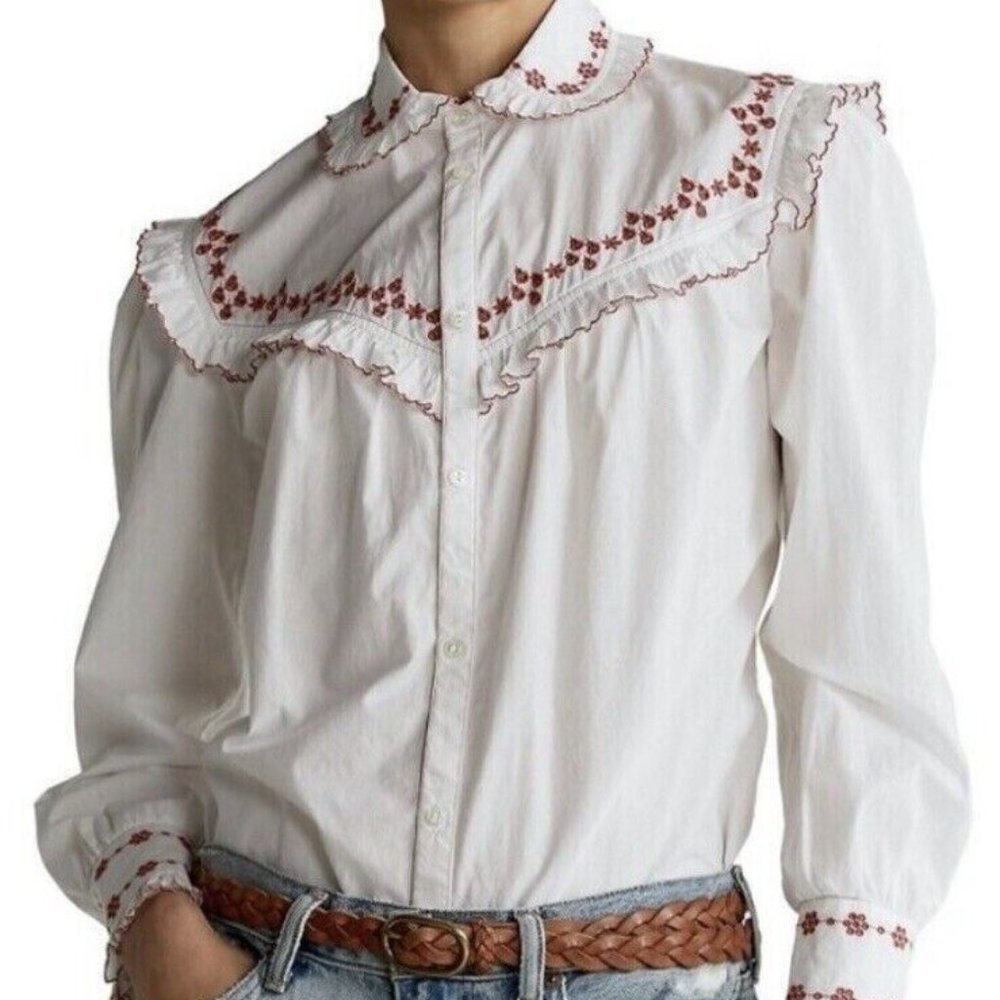 Polo Ralph Lauren Embroidered Button Front Shirt Size XL White Cottagecore